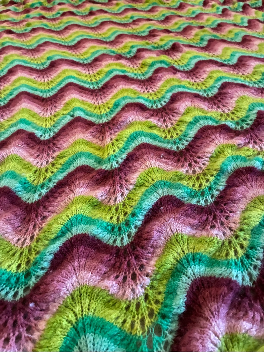 Handmade Zigzag Knit Throw in Green, Teal & Plum